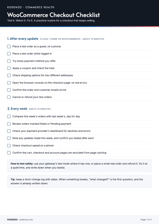Page one of the WooCommerce Checkout Checklist, showing the after-every-update and weekly checks